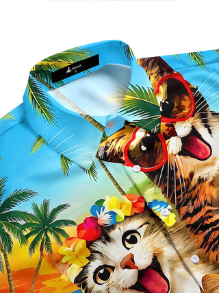 Adaychic Men's Hawaiian Floral Cat Tropical Print Short Sleeve Button Down Shirt with Chest Pocket