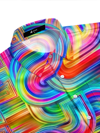 Adaychic Men's Abstract Rainbow Geometric Swirl Print Short Sleeve Shirt with Chest Pocket