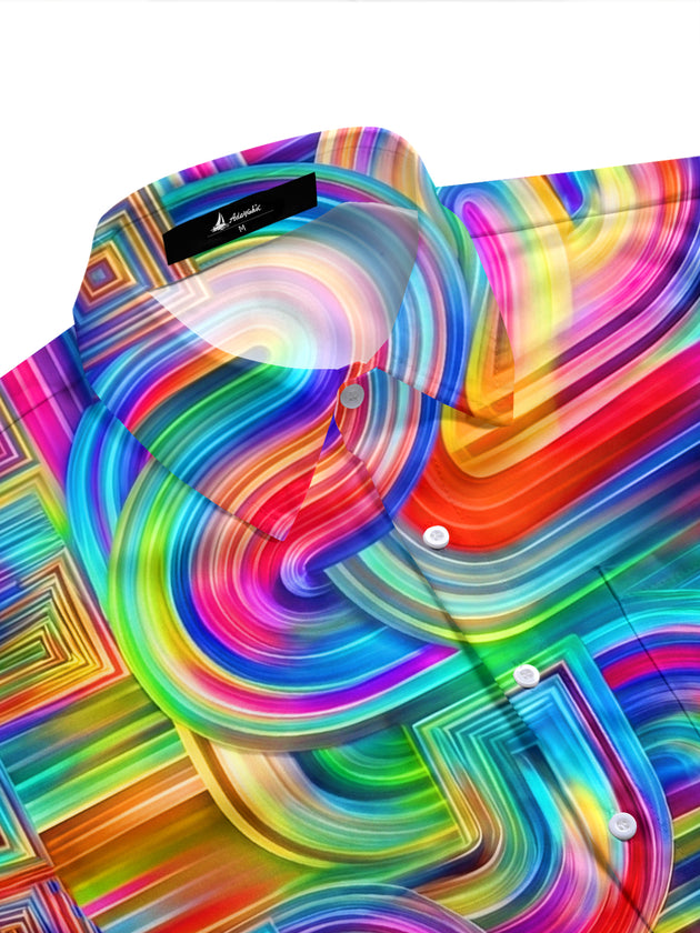 Adaychic Men's Abstract Rainbow Geometric Swirl Print Short Sleeve Shirt with Chest Pocket