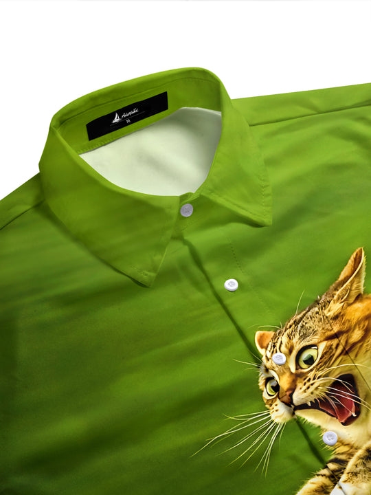 Adaychic Men's Graphic Cat Riding Tortoise Print Short Sleeve Button Down Shirt with Chest Pocket