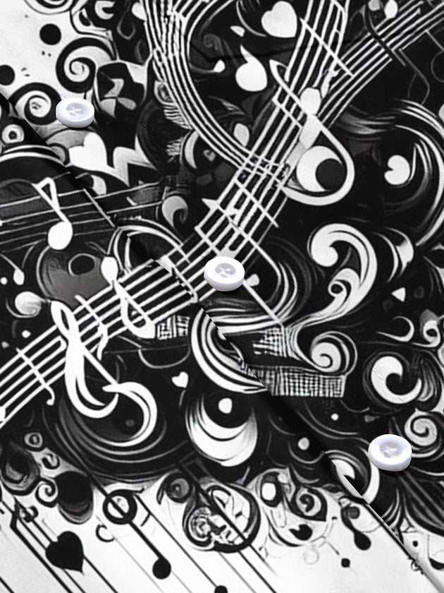 Adaychic Men's Graphic Music Notes Print Heart Swirls Print Short Sleeve Shirt with Chest Pocket