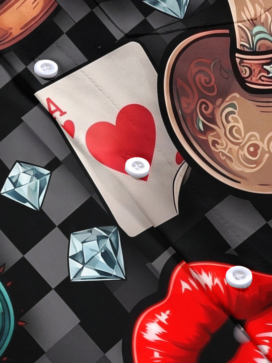 Adaychic Men's Graphic Poker Cards And Red Lips Print Short Sleeve Shirt with Chest Pocket