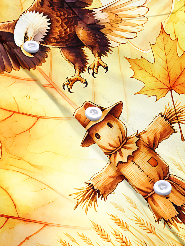 Adaychic Men's Short Sleeve Shirt - Autumn Maple Leaf With Eagle And Scarecrow Print with Chest Pocket