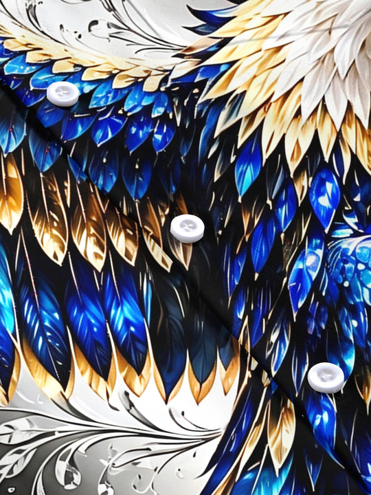 Adaychic Men's Eagle With Blue And Gold Feathers Print Short Sleeve Shirt with Chest Pocket