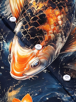 Adaychic Men's Hawaiian Koi Fish Print Lotus Flower Print Short Sleeve Shirt with Chest Pocket