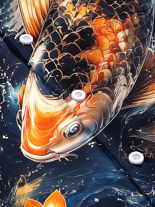 Adaychic Men's Hawaiian Koi Fish Print Lotus Flower Print Short Sleeve Shirt with Chest Pocket