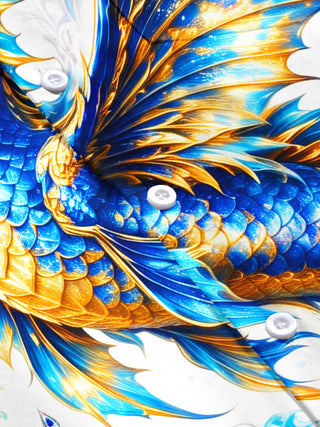 Adaychic Men's Blue And Golden Dragon On Waves Print Short Sleeve Shirt with Chest Pocket