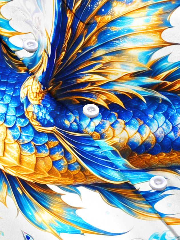 Adaychic Men's Blue And Golden Dragon On Waves Print Short Sleeve Shirt with Chest Pocket