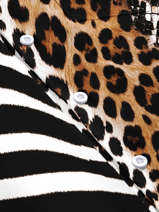 Adaychic Men's Short Sleeve Shirt - Mixed Animal Prints Including Zebra Stripes Leopard Spots And Snake Scales Print with Chest Pocket