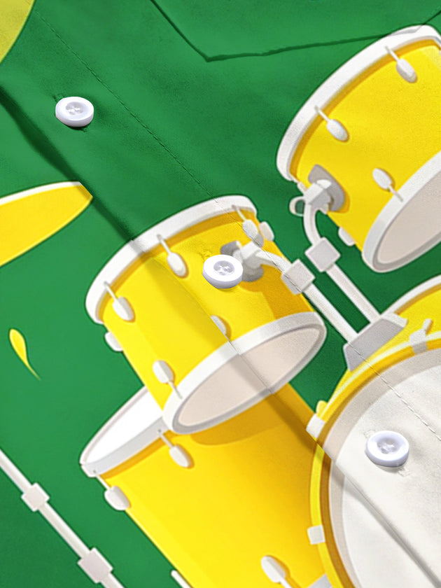 Adaychic Men's Hawaiian Drum Set Print Musical Notes Print Short Sleeve Shirt with Chest Pocket