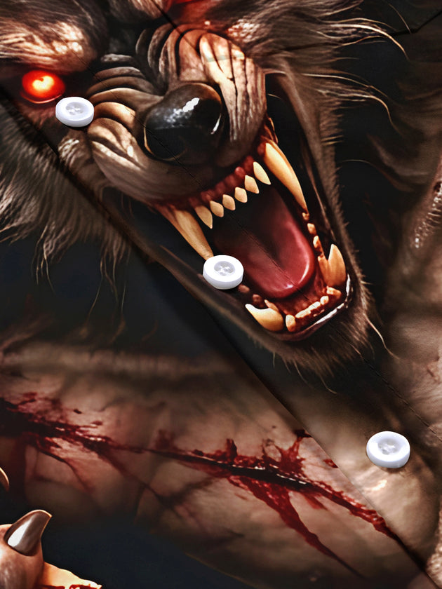 Adaychic Men's Short Sleeve Shirt - Halloween Werewolf Bursting Through Shirt Print with Chest Pocket