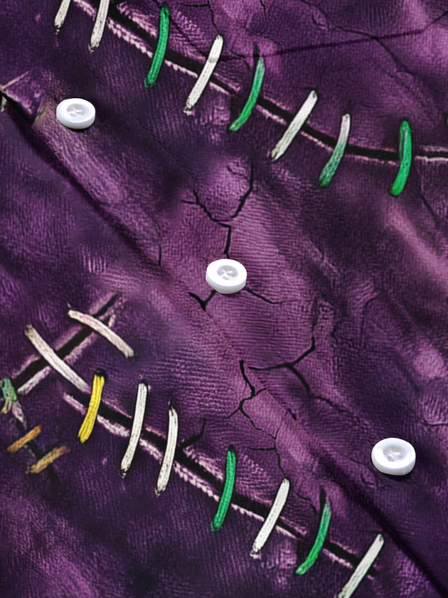 Adaychic Men's Short Sleeve Shirt - Purple Tie Dye With Colorful Stitching Pattern with Chest Pocket