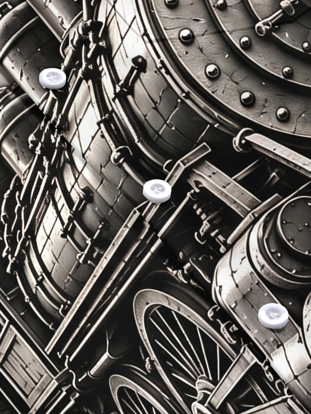 Adaychic Men's Vintage Steam Train And Gears Print Short Sleeve Shirt with Chest Pocket