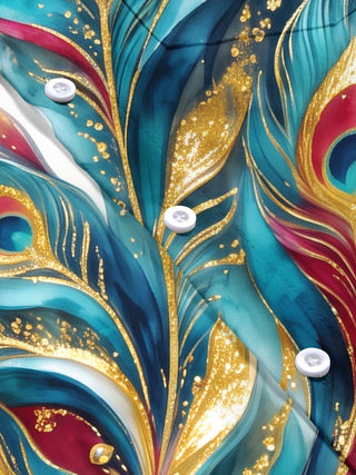 Adaychic Men's Hawaiian Peacock And Peacock Feathers Print Short Sleeve Shirt with Chest Pocket