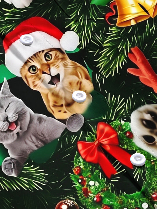 Adaychic Men's Hawaiian Christmas Cats Print Short Sleeve Shirt with Chest Pocket