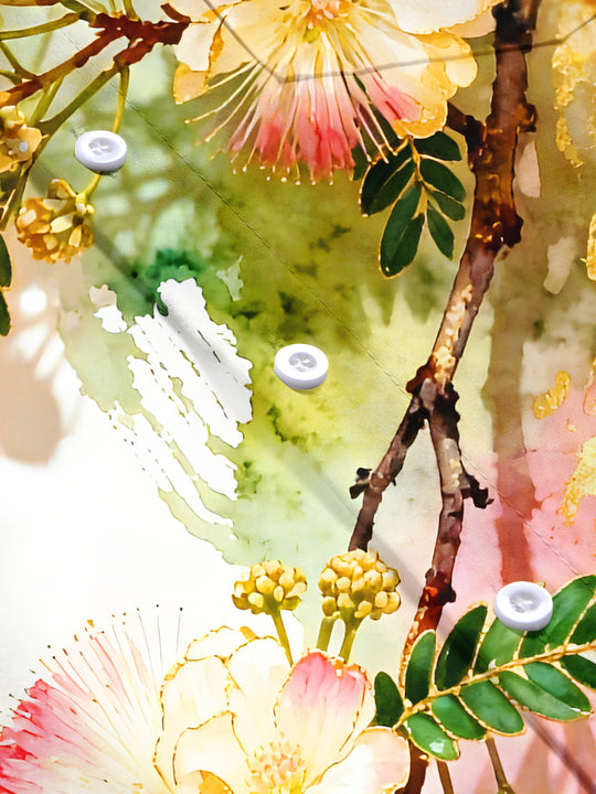 Men's short sleeve shirt watercolor floral gold foil pattern detail flat lay