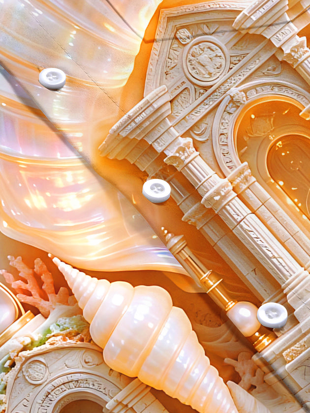 Adaychic Men's 3D Relief Seashell Undersea Temple Print Short Sleeve Shirt with Chest Pocket