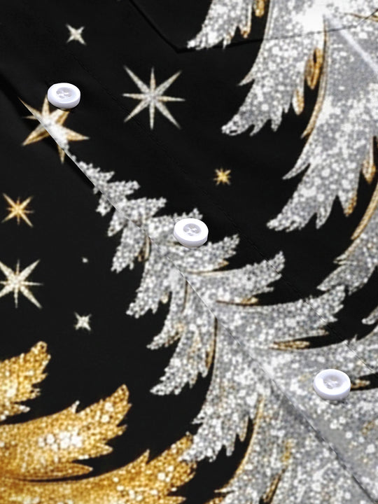 Adaychic Men's Christmas Sleigh And Christmas Trees Print Short Sleeve Shirt with Chest Pocket