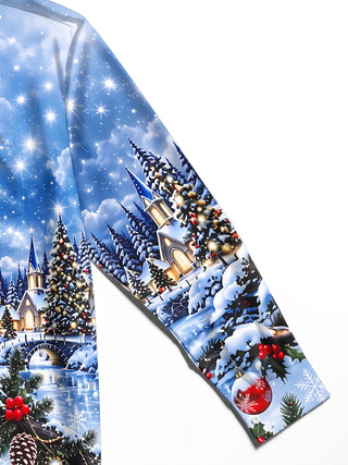Adaychic Men's Long Sleeve Shirt - Christmas Village Scene With Snowy Trees And Church Print with Chest Pocket