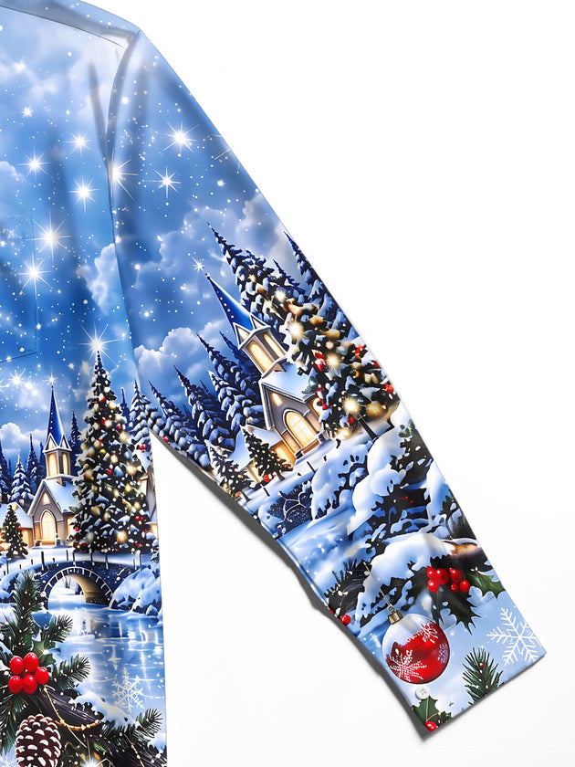 Adaychic Men's Long Sleeve Shirt - Christmas Village Scene With Snowy Trees And Church Print with Chest Pocket