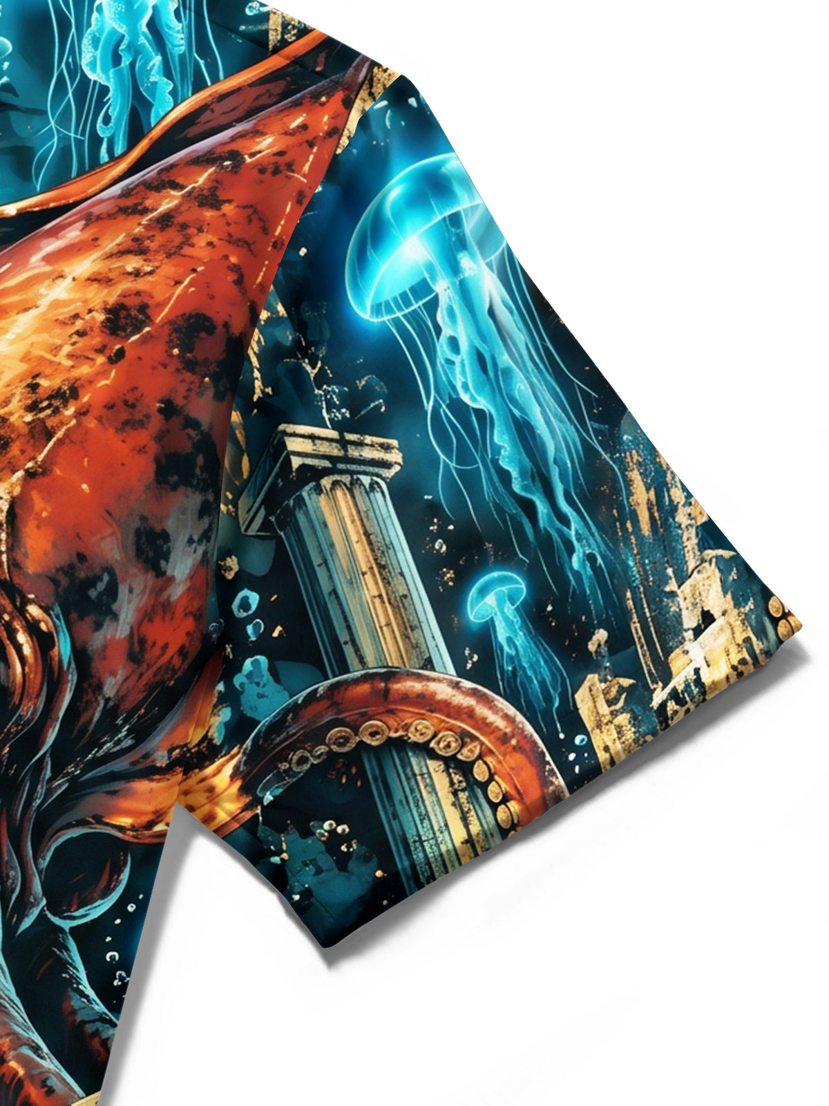 Adaychic Men's Hawaiian Octopus And Ancient Ruins Print Short Sleeve Shirt with Chest Pocket