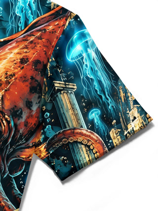 Adaychic Men's Hawaiian Octopus And Ancient Ruins Print Short Sleeve Shirt with Chest Pocket