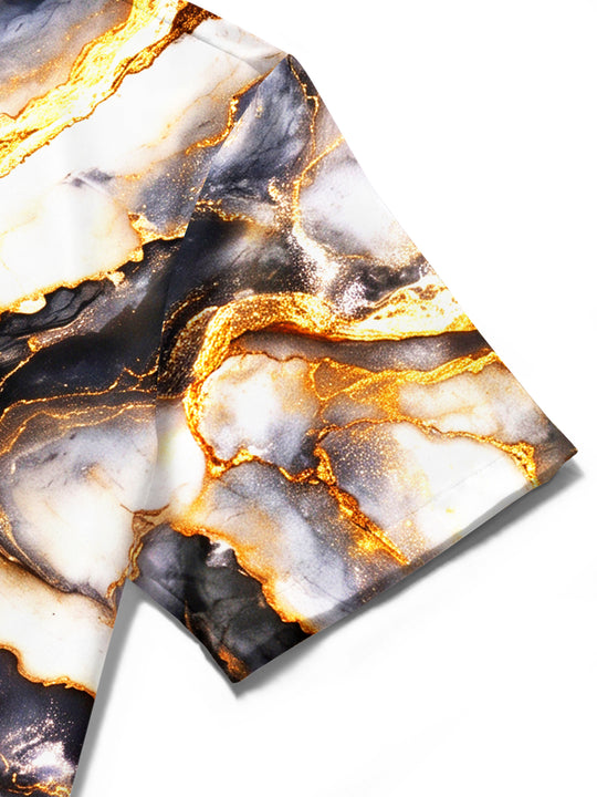 Adaychic Men's Patterned Black Gold Gilded Marble Print Short Sleeve Shirt with Chest Pocket