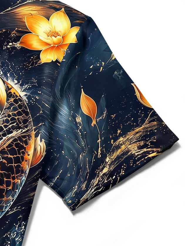 Adaychic Men's Hawaiian Koi Fish Print Lotus Flower Print Short Sleeve Shirt with Chest Pocket