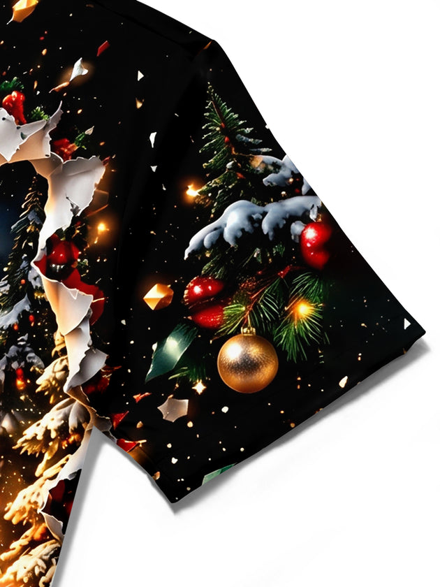Adaychic Men's Christmas Steam Train And Snowy Forest Print Short Sleeve Shirt with Chest Pocket