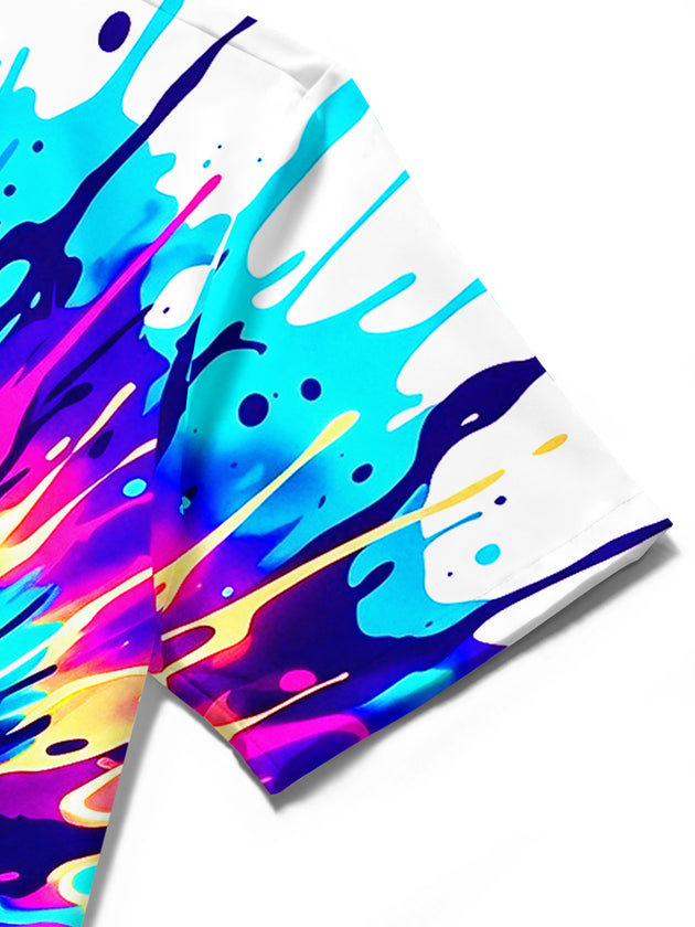 Adaychic Men's Short Sleeve Shirt - Neon Electric Guitar With Splatter Paint Print with Chest Pocket