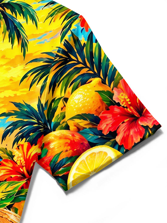 Adaychic Men's Hawaiian Pineapple And Tropical Fruits Print Short Sleeve Shirt with Chest Pocket