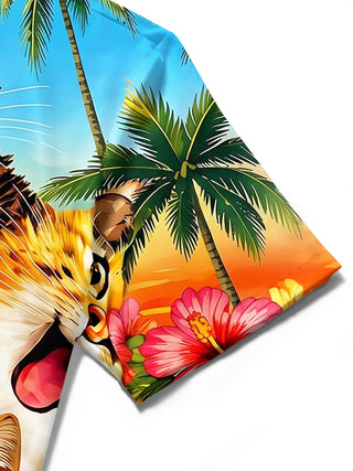 Adaychic Men's Hawaiian Floral Cat Tropical Print Short Sleeve Button Down Shirt with Chest Pocket