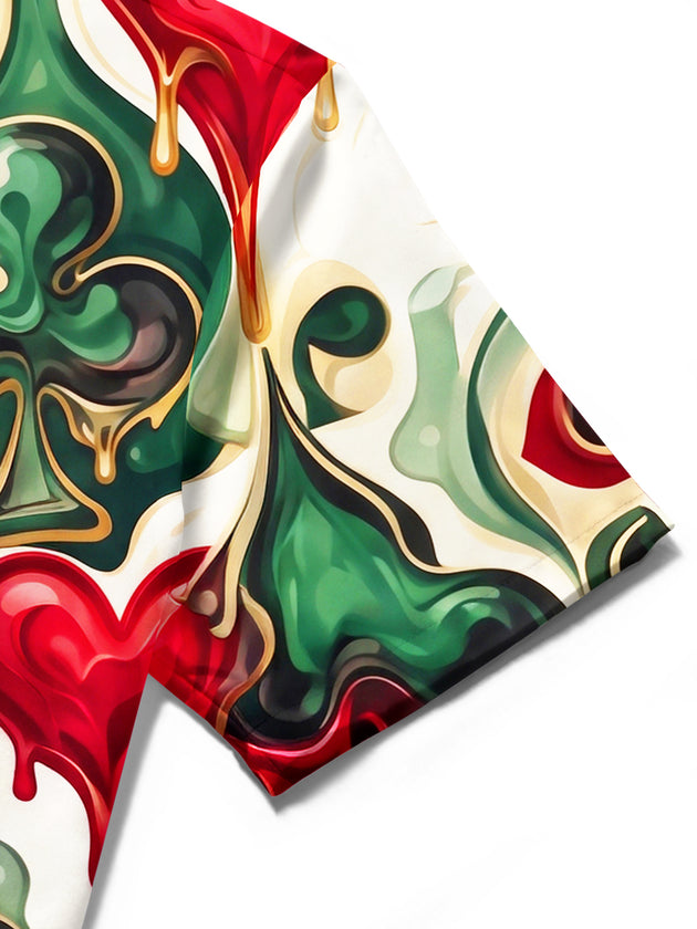 Adaychic Men's Hawaiian Melting Playing Card Suits Print Short Sleeve Shirt with Chest Pocket