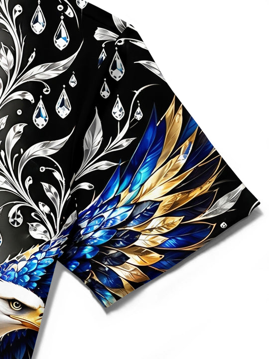 Adaychic Men's Eagle With Blue And Gold Feathers Print Short Sleeve Shirt with Chest Pocket
