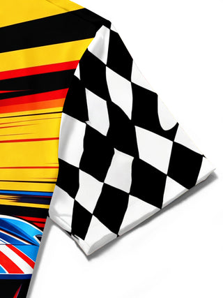 Adaychic Men's Short Sleeve Stand Collar Shirt - Racing Sports Car And Checkered Flag Print with Chest Pocket