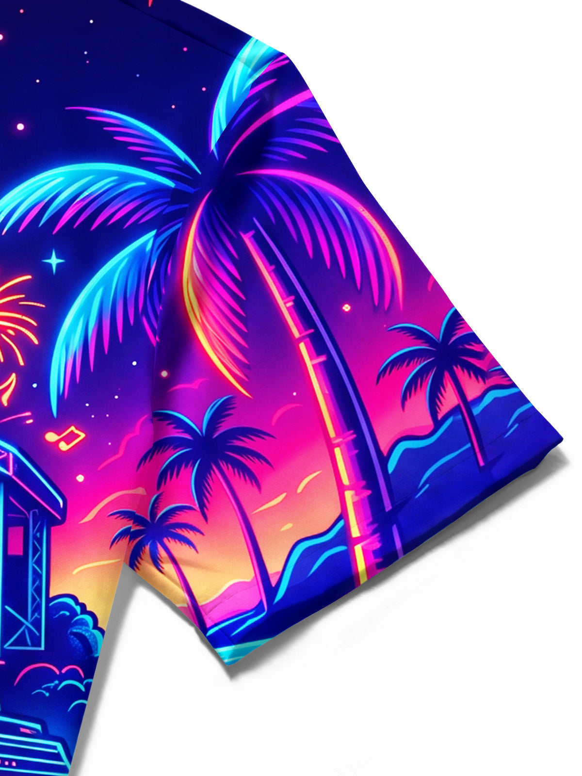 Adaychic Men's Hawaiian Neon Palm Trees And Fireworks Print Short Sleeve Shirt with Chest Pocket