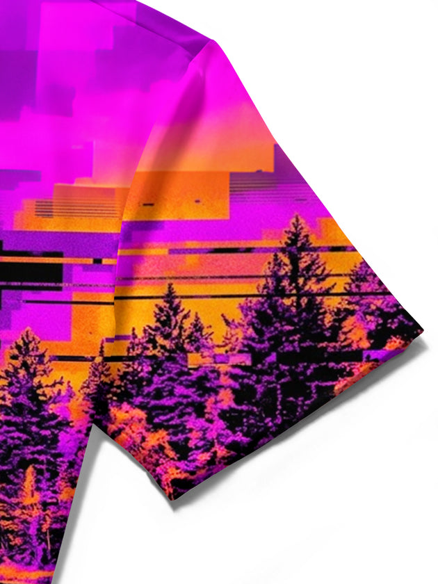 Adaychic Men's Retro Pixelated Forest Lake Scenery Print Short Sleeve Shirt with Chest Pocket
