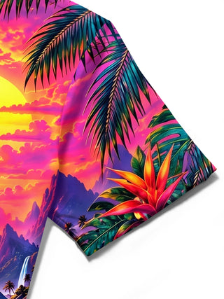 Adaychic Men's Hawaiian Toucan Sunset Landscape Print Short Sleeve Shirt with Chest Pocket