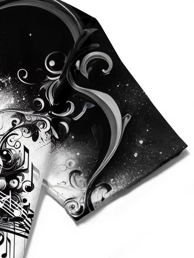 Adaychic Men's Graphic Music Notes Print Heart Swirls Print Short Sleeve Shirt with Chest Pocket
