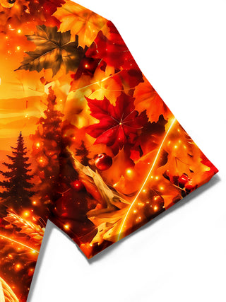 Adaychic Men's Short Sleeve Stand Collar Shirt - Thanksgiving Goose And Autumn Harvest Print with Chest Pocket