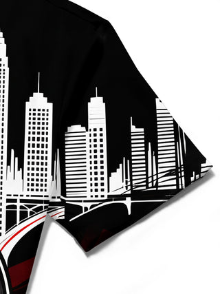 Adaychic Men's Short Sleeve Shirt - City Skyline And Speaker With Musical Notes Print with Chest Pocket