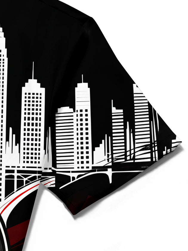Adaychic Men's Short Sleeve Shirt - City Skyline And Speaker With Musical Notes Print with Chest Pocket