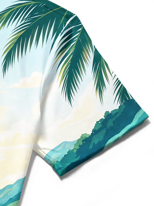 Adaychic Men's Short Sleeve Shirt - Sailboat On Water With Palm Trees And Mountains Print with Chest Pocket