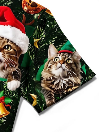 Adaychic Men's Hawaiian Christmas Cats Print Short Sleeve Shirt with Chest Pocket