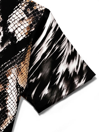 Adaychic Men's Short Sleeve Shirt - Mixed Animal Prints Including Zebra Stripes Leopard Spots And Snake Scales Print with Chest Pocket