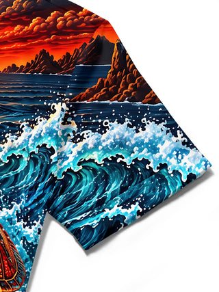 Adaychic Men's Hawaiian Sea Turtle And Coral Reef Print Short Sleeve Shirt with Chest Pocket