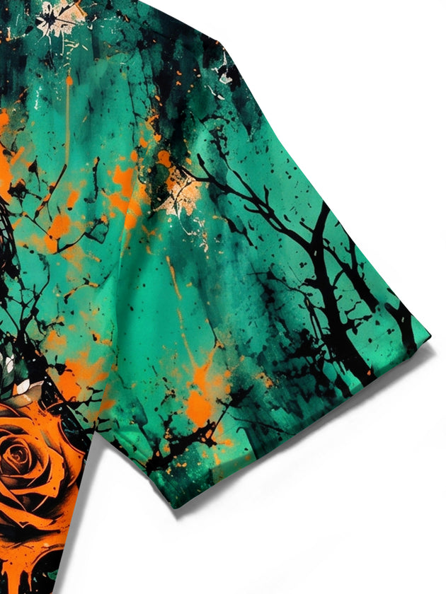 Adaychic Men's Short Sleeve Shirt - Halloween Snake And Roses With Graveyard Print with Chest Pocket