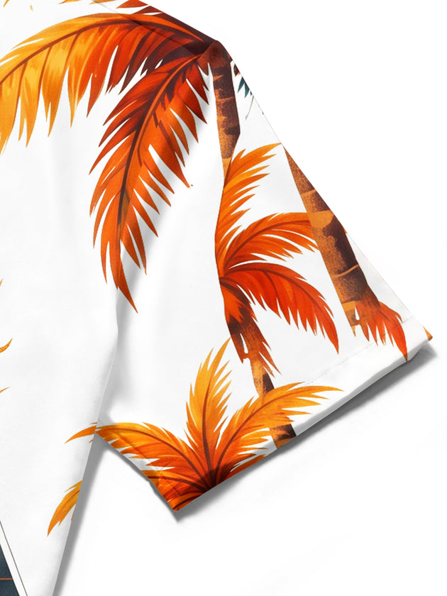 Adaychic Men's Short Sleeve Shirt - Tropical Sunset Beach With Sailboat And Palm Trees Print with Chest Pocket