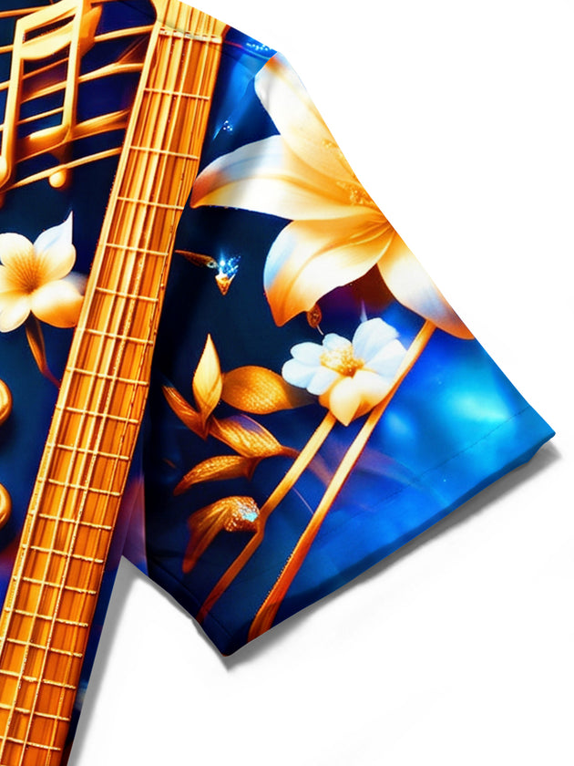 Adaychic Men's Hawaiian Bass Guitar And Musical Notes Print Short Sleeve Shirt with Chest Pocket