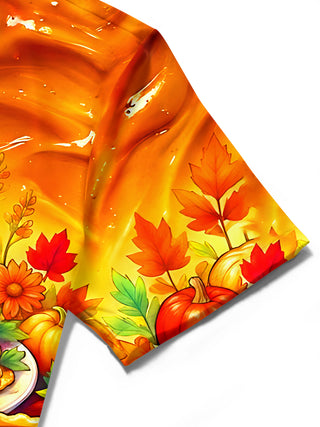 Adaychic Men's Short Sleeve Stand Collar Shirt - Thanksgiving Roasted Turkey And Pumpkin Pies Print with Chest Pocket